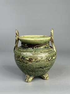 中国美術　遼時代　緑釉絞胎三足香炉　古物　唐物　時代物　243S12B12