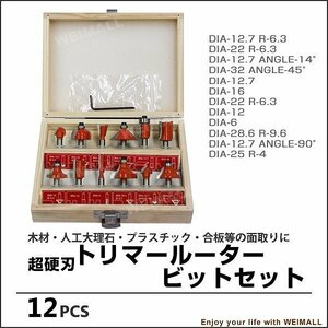 新品 トリマールーター ビット 12PCS セット 超硬チップ 研磨 面取り 木工 DIY 大工 木材 削り出し 形成 V溝 U溝 ヒョータン面 目地払い