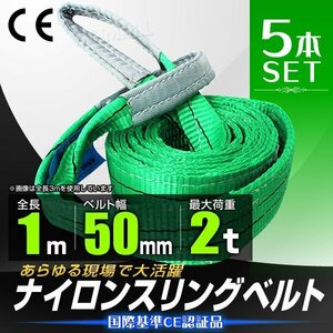 【5本セット】スリングベルト 耐荷重2.0t 2000kg 長さ1m×幅50mm Iタイプ CEマーク取得 荷吊 荷揚 牽引 玉掛け ナイロンスリング ベルト