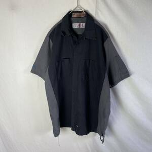 レッドキャップ　半袖ワークシャツ　オープンカラー　古着　Lサイズ　ブラック×グレー　WORKWEAR