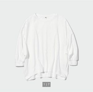 ユニクロ UNIQLO スムースコットンボリュームスリーブTシャツ 7分袖 カットソー ホワイト トップス コットン 白 Tシャツ