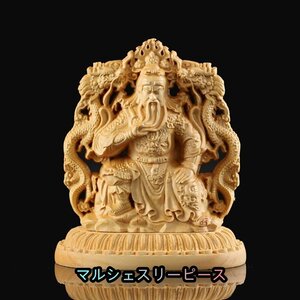 両面彫刻 ツゲの木彫り 仏像 不動明王 開運/厄除け (関羽関公)