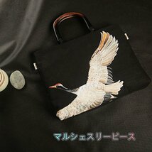 オリジナル 手作り 刺繍 ツル鶴 麻 トートバッグ ハンドバッグ 木製ハンドル ハンドメイド レディース IPAD容量 手提げ_画像6