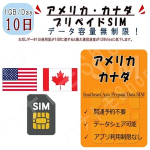 アメリカ カナダ プリペイドSIM 利用日数10日 1日1GB利用 4G LTE 高速データ通信 プリペイド SIM 4G LTE データ専用 出張 海外旅行