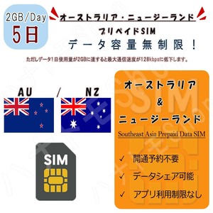 オーストラリア ニュージーランド プリペイドSIM SIMカード データ通信SIM 1日2GB 利用期間5日 高速データ通信 4G LTE データ専用