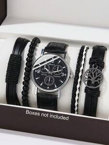 腕時計 レディース セット ブラックレザーベルト ビジネス&ファッション クオーツウォッチ プレゼントセット 5点