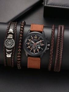 腕時計 メンズ セット ビジネス デザイン キャンパス 生地腕時計 茶色 5セット レザーブレスレット 時間 設定 機能付