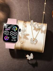 腕時計 レディース セット 電子式腕時計 スクエアデザイン & 蝶 ラインストーンジュエリーセット 5個