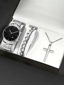 腕時計 メンズ セット シルバーメンズカレンダークォーツ時計1個 + ブレスレット1個 + クロスペンダントネックレス1個、男性用