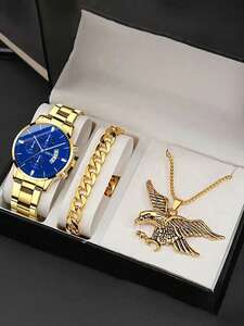腕時計 メンズ セット 腕時計 カレンダークオーツ ステンレススチール製 付属品: ブレスレット、ネックレス ビジネス&カジュアル