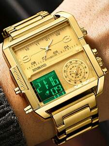 腕時計 メンズ クォーツ 男性用 デュアル表示 世界時計 30防水 ステンレス製腕時計 四角い文字盤 ラグジュアリーなデザイン