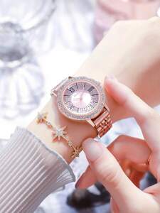 腕時計 レディース クォーツ レディース腕時計 スチール製 ピンク ジルコニア ダイヤル 防水 薄型 多面カットクオーツ付き 夜光