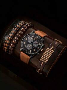 腕時計 メンズ セット レザーブレスレット クオーツ腕時計 4個セット ビジネス・カジュアル ブラウン