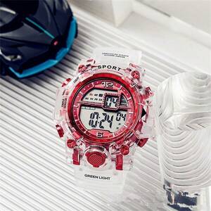腕時計 レディース デジタル スポーツ用デジタル腕時計 ロングタイプ 防水性能あり シリコン製ストラップ 赤色文字盤