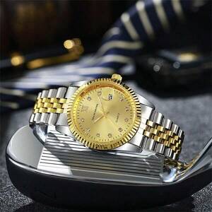 腕時計 メンズ クォーツ 高級ビジネスメンズウォッチ ゴールド ステンレススチール製 クオーツ 時計 男性用 カレンダー付き 蛍光