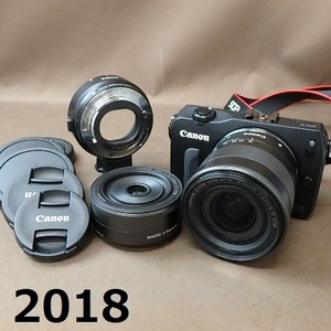 FK-2018◆CANON　EOS M　レンズ付属あり　美品/EF-M 18-55 1:3.5-5.6 IS STM/EF-M 22㎜　1:2　STM　簡易動作OK 20240313