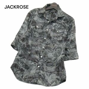 美品★ JACKROSE ジャックローズ 麻 リネン100％★ 花柄 フラワー 総柄 7分袖 ウエスタン シャツ Sz.3　メンズ 日本製　A4T02134_3#A