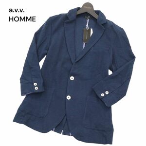 【新品 未使用】 a.v.v. HOMME アーヴェヴェオム 春夏 スラブ サーフ ニット 7分袖 テーラード ジャケット Sz.M　メンズ 紺　A4T02140_3#M