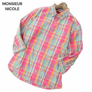 MONSIEUR NICOLE ムッシュ ニコル 春夏 7分袖 スリム★ ボタンダウン チェック シャツ Sz.48　メンズ　A4T02530_3#A