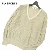 PIA SPORTS ピアスポーツ 春夏 麻 リネン100％★ ケーブル編み Vネック サマー ニット セーター Sz.3　メンズ 日本製　A4T02723_3#J_画像1