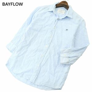 BAYFLOW ベイフロー 春夏 【麻 リネン】 パームツリー刺繍★ 7分袖 シャツ Sz.3　メンズ 水色 青系　A4T02949_3#A