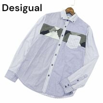 Desigual デシグアル 通年 SLIM ロゴ刺繍★ 長袖 クレイジー切替 チェック＆ストライプ シャツ Sz.S　メンズ ネイビー × 白　A4T02975_3#C_画像1