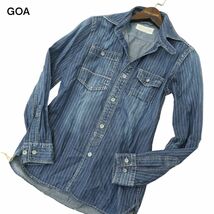 GOA ゴア 通年 USED加工★ スリム 長袖 ワーク ウォバッシュ ストライプ インディゴ デニム シャツ Sz.F.　メンズ　A4T02929_3#C_画像1