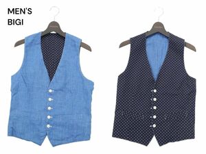 美品★ MEN'S BIGI メンズビギ 春夏 麻 リネン100％★ 2way リバーシブル ドット柄 ベスト ジレ Sz.2　メンズ　A4T02130_3#M