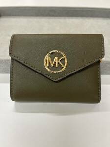 【美品】 MICHAEL KORS マイケルコース レザー 二つ折り 財布 コンパクト ウォレット 札入れ 小銭入れ レディース グリーン カーキ B3894