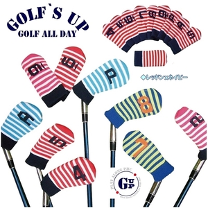 ☆3送料無料 GOLF`S UP（RDxNA)ゴルフズ　アップ　GOLF`S UP ストライプアイアンカバーニット素材10個セット（レッド・ネイビー） GUIC-001