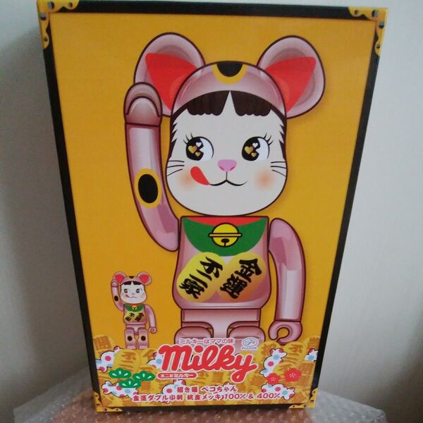 BE@RBRICK 招き猫 ペコちゃん 金運ダブル小判 桃金メッキ 100%&400%