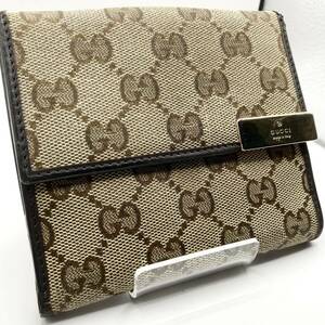 美品 GUCCI グッチ 財布 ウォレット 小銭入れ 二つ折り メンズ レディース ビジネス GG柄 GGキャンバス ロゴ金具 レザー ブラウン系 茶色