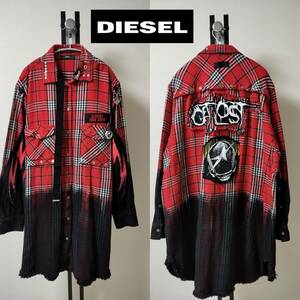 DIESEL/ diesel /D-SUPER-F/ long flannel shirt / gradation / gran ji processing /f Ray m elbow patch / rare XL/ unisex // beautiful goods 