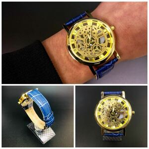 腕時計　時計 ギリシャ文字 レザー　革　アナログ メンズ クォーツ 高品質 レザーベルト ウォッチ　男女兼用　スケルトン ブルー　2