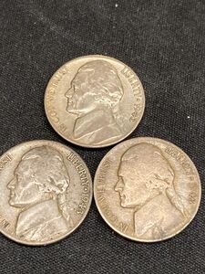 ジェファーソン・銀貨　1943 × 3枚　ウォータイム・ニッケル　コイン