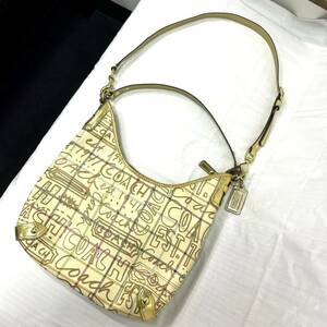 10730★1円スタート COACH コーチ ハンドバッグ 鞄 ゴールド系 金具 ショルダーバッグ 2WAY 英語 内側ピンク 金色 L0868-13309 ブランド 