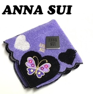 【ANNA SUI】(NO.2395)アナスイ タオルハンカチ　パープル×ブラック　ハート　未使用　25cm