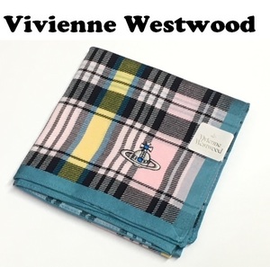 【Vivienne Westwood】(NO.0060）ヴィヴィアンウエストウッド ハンカチ　水色×ピンク系格子柄　未使用　48cm