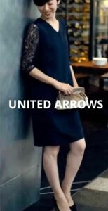 最終SALE【UNITED ARROWS グリーンレーベルリラクシング】Vネックレースワンピース セレモニー ネイビー　結婚式 