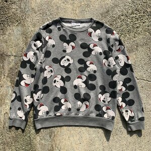 【S/M】SALE!! Disney ミッキーマウス スウェット グレー 総柄■アメリカ古着 オールド トレーナー ディズニー レディース キッズ 子供服