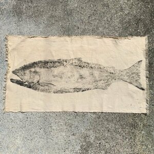 【49㎝×89㎝】UNKNOWN 魚拓 タペストリー■ビンテージ アンティーク オールド ファブリック インテリア コットン