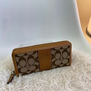 【COACH】コーチ シグネチャー キャンバス レザー 長財布 ラウンドファスナー ブラウン系