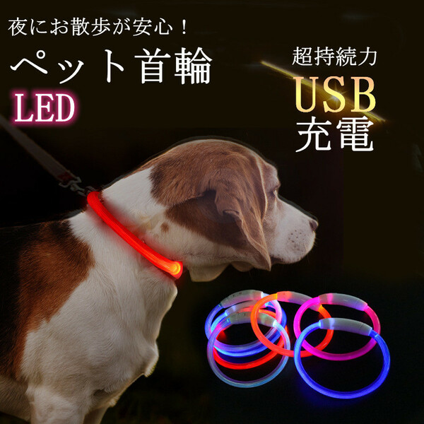 022 犬 2点セット　首輪 光る 光る首輪 LED キラキラ 夜散歩ライト USB充電 安全ライト ペット リード 猫 首輪 小型犬 中型犬 大型犬 USB