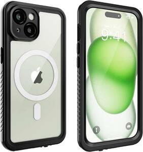 iPhone 15 用 防水ケース (FM) 耐衝撃ケース MagSafe対応 衝撃吸収 360全面保護 完全防水防塵 ストラップ付き　BLACK