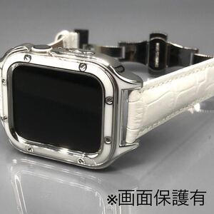 s ホワイト アップルウォッチバンド 高級レザー 本革ベルト Apple Watch クロコダイル ジルコン　カバー　ケース 40mm 41mm 44mm 45mm