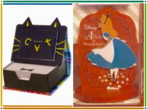 新品Disney2品★定価1998受付gift大人気message Card stand&黒猫メモ紙180枚★不思議な国のアリスwood誕プレ文具卓上玄関伝言立て日本製