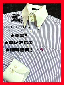 ◆送料無料！★美品＋高級クリーニング◆BURBERRY,バーバリーブラックレーベル 長袖シャツ 白 S~M相当 白&紫ストライプ柄★綺麗でオシャレ