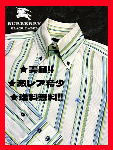 ◆送料無料！★美品＋クリーニング！◆BURBERRY,バーバリーブラックレーベル*長袖シャツ*薄緑*M~L相当*激レア*シャドー花柄*綺麗でオシャレ