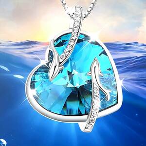  new goods 1 jpy ~* free shipping * Heart. sea blue topaz dolphin diamond platinum finish 925 silver necklace birthday present travel consecutive holidays gift domestic sending 