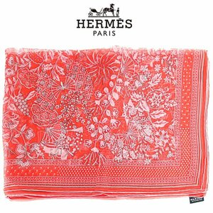 【1円/極美品】エルメス HERMES レディース シルクモスリン ロングスカーフ ボタニカル 蝶 シノワズリ シフォン シルク 朱赤系 179×64